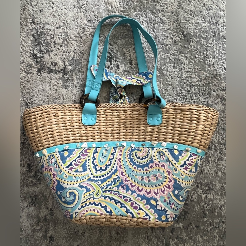 Blue paisley Vera Bradley beach tote. Wicker and fabric.
